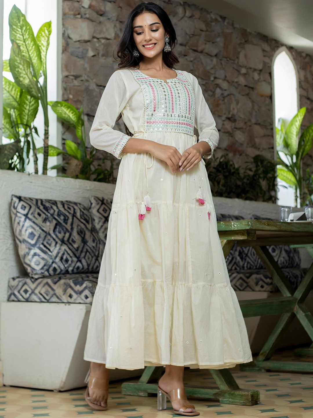 

KAAJH Women White Mirror Embroidered Cotton Maxi Ethnic Dress