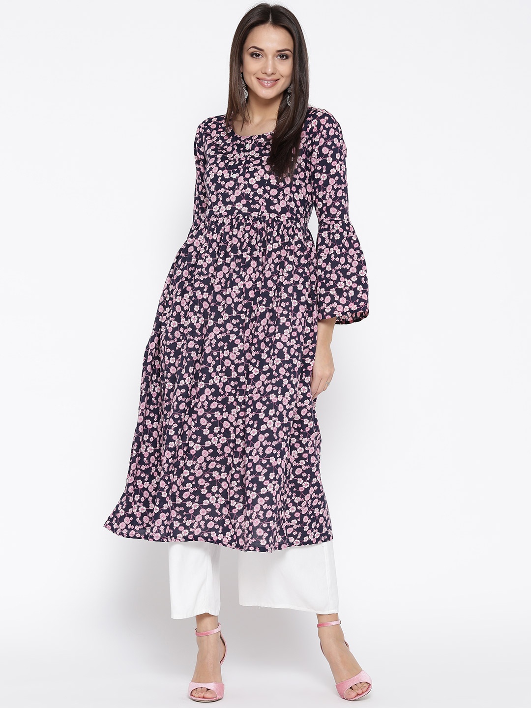 

Sera Women Navy & Pink Printed A-Line Kurta, Navy blue