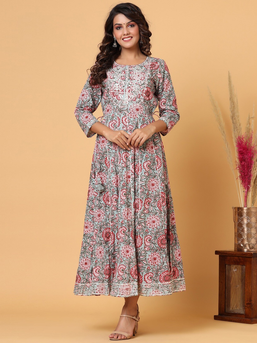 

KAAJH Women Grey Embroidered Cotton Maxi Ethnic Dresses