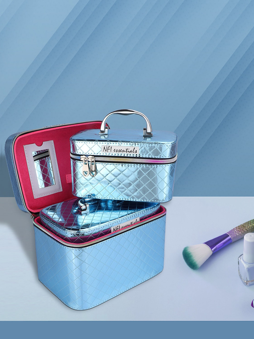 

NFI essentials Women Set of 3 Blue Solid Makeup Organisers