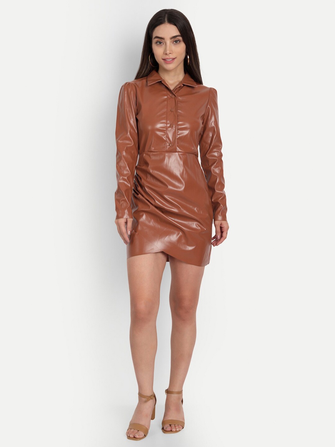 

iki chic Women Brown Leather Shirt Mini Dress