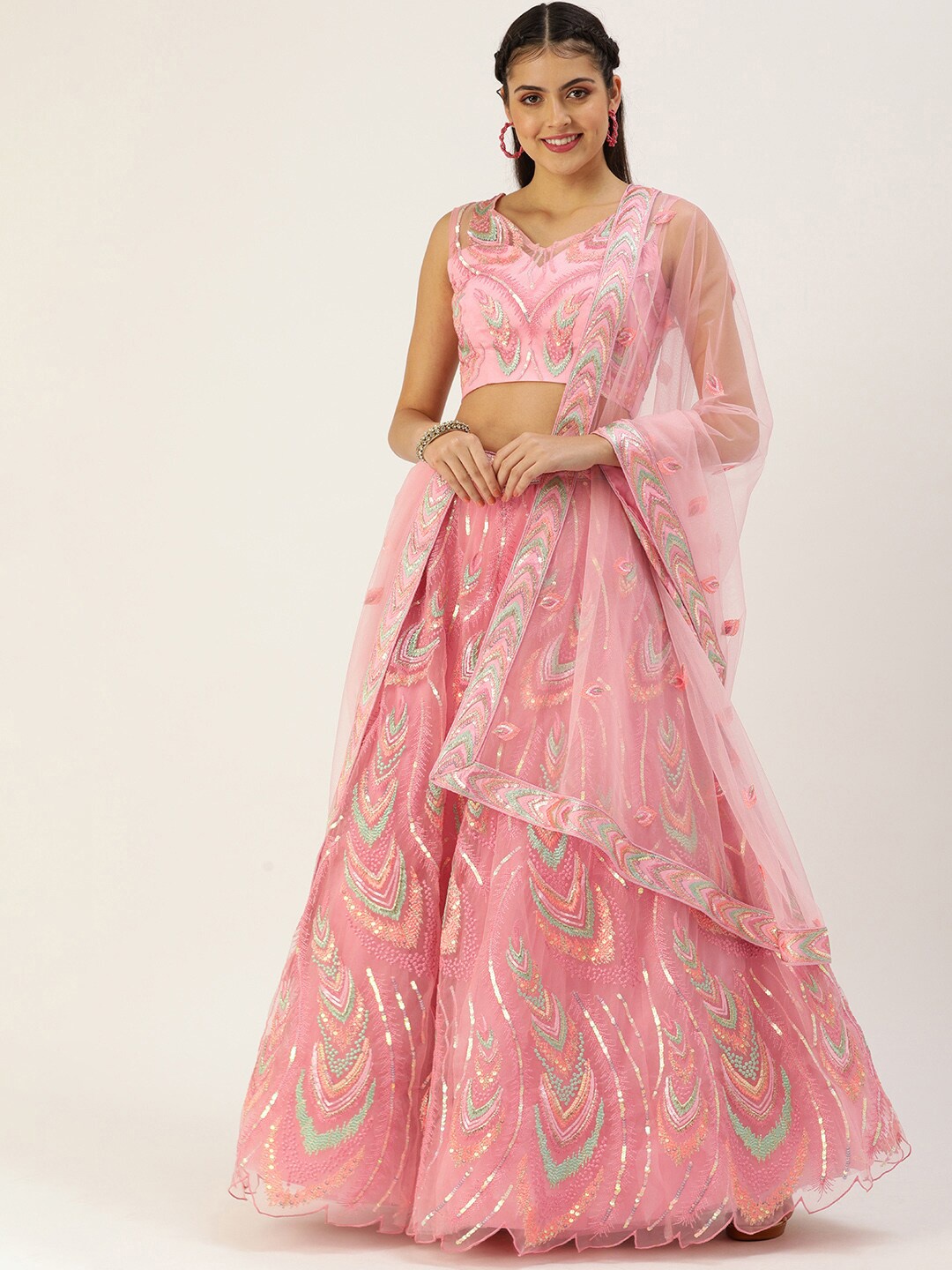 

panchhi Coral & Green Embellished Thread Work Semi-Stitched Lehenga & Unstitched Blouse With Dupatta