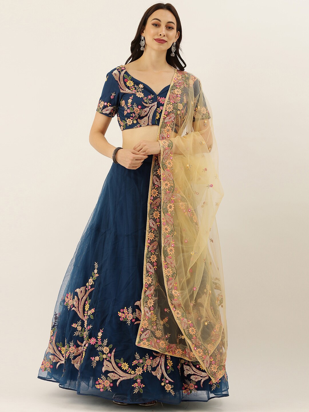 

panchhi Navy Blue & Gold-Toned Embroidered Thread Work Semi-Stitched Lehenga & Unstitched Blouse With