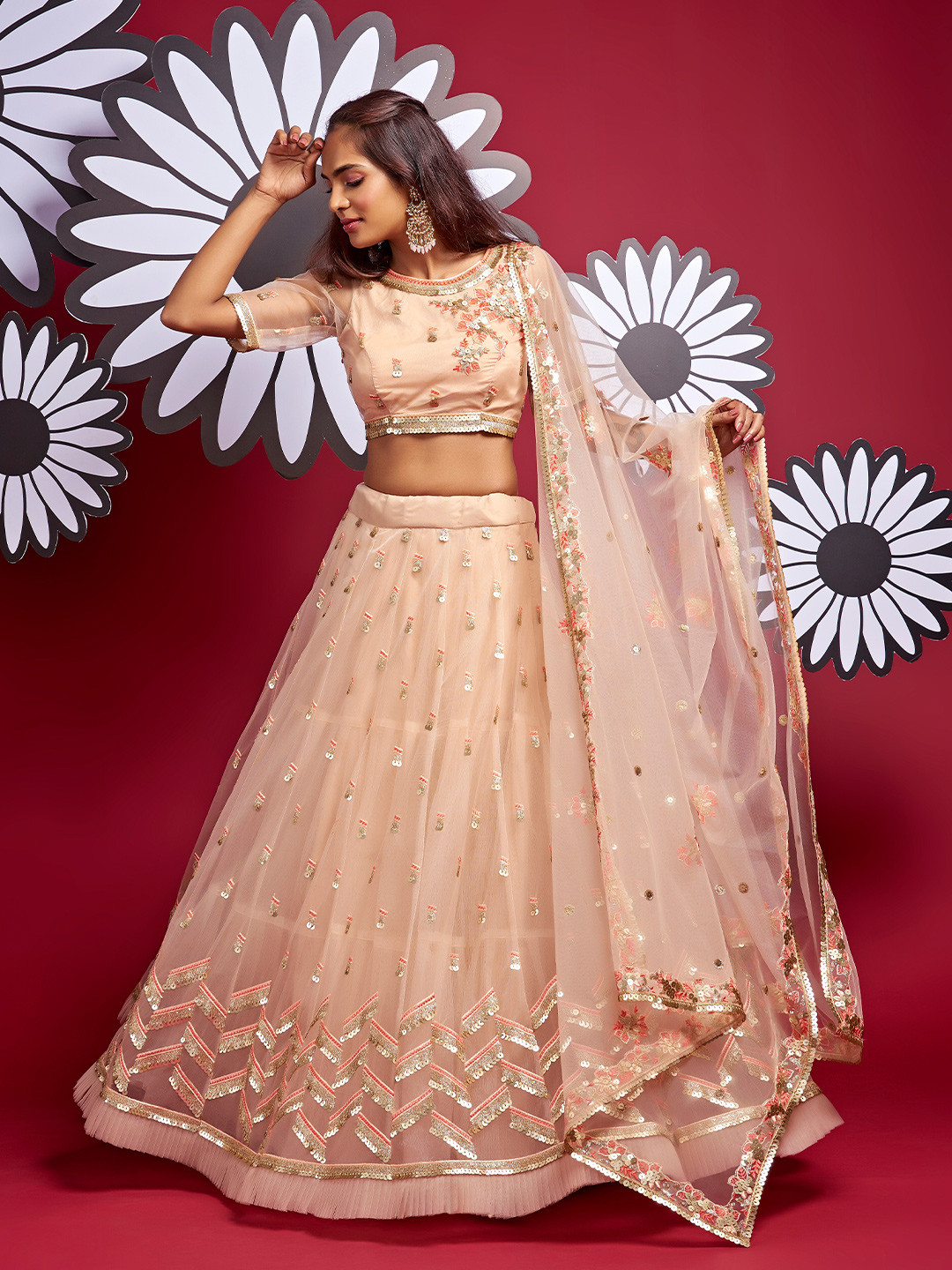 

panchhi Women Peach & Pink Semi-Stitched Lehenga & Unstitched Blouse With Dupatta