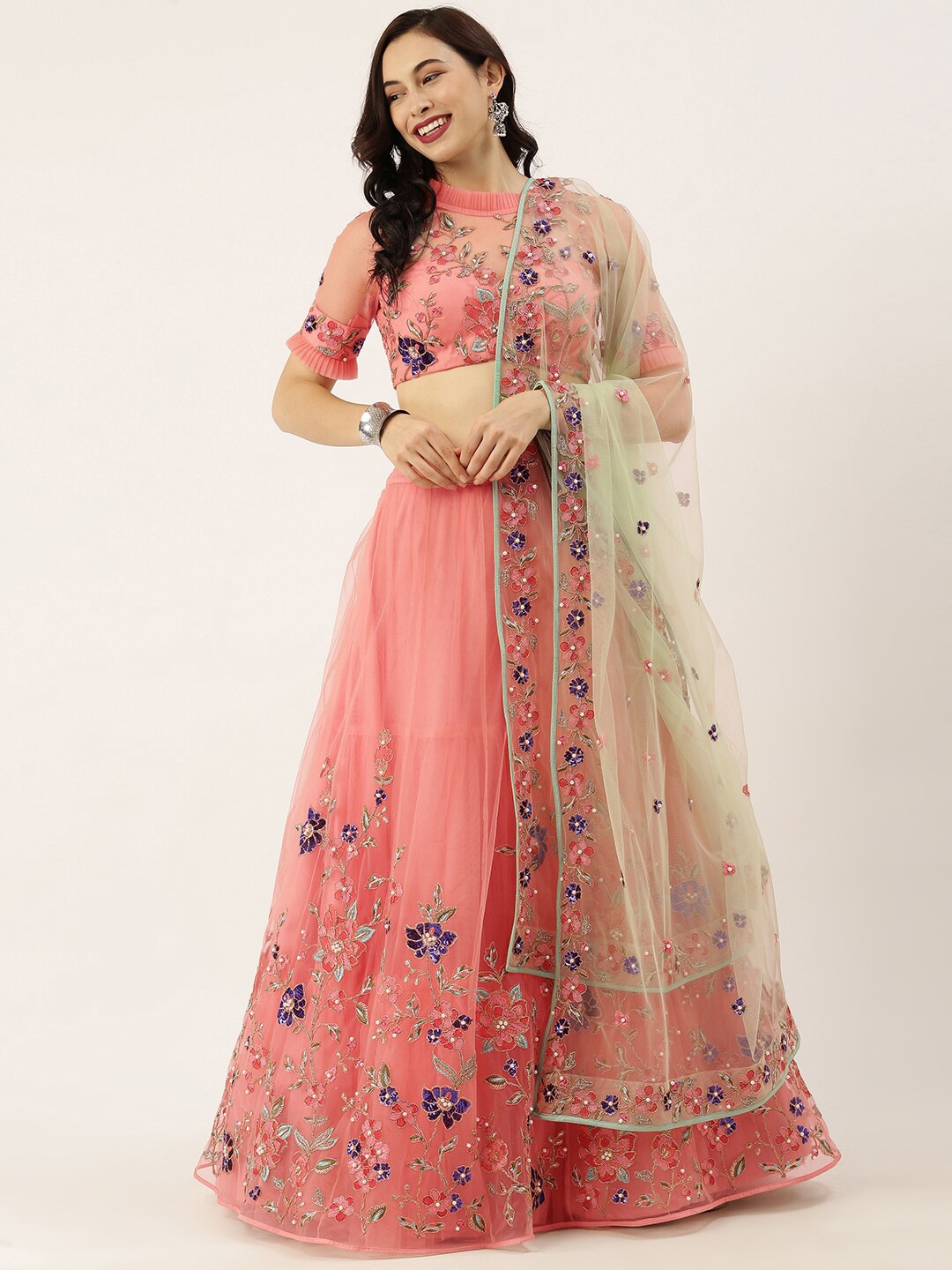 

panchhi Women Peach Embellished Semi-Stitched Lehenga & Unstitched Blouse With Dupatta