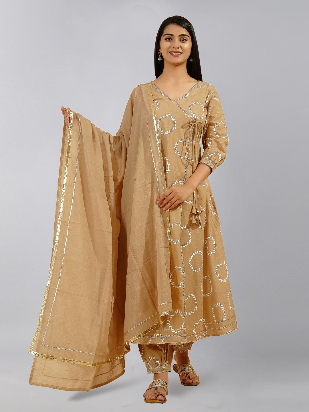 

kipek Women Beige Bandhani Printed Angrakha Pure Cotton Kurta with Salwar & With Dupatta