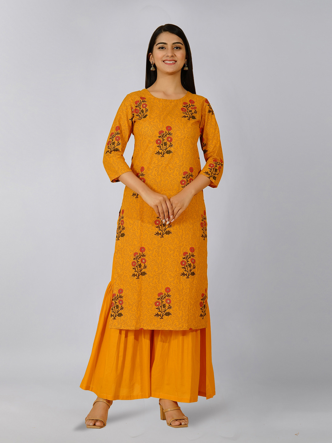 

kipek Women Mustard Yellow Floral Printed Pure Cotton Kurta with Sharara