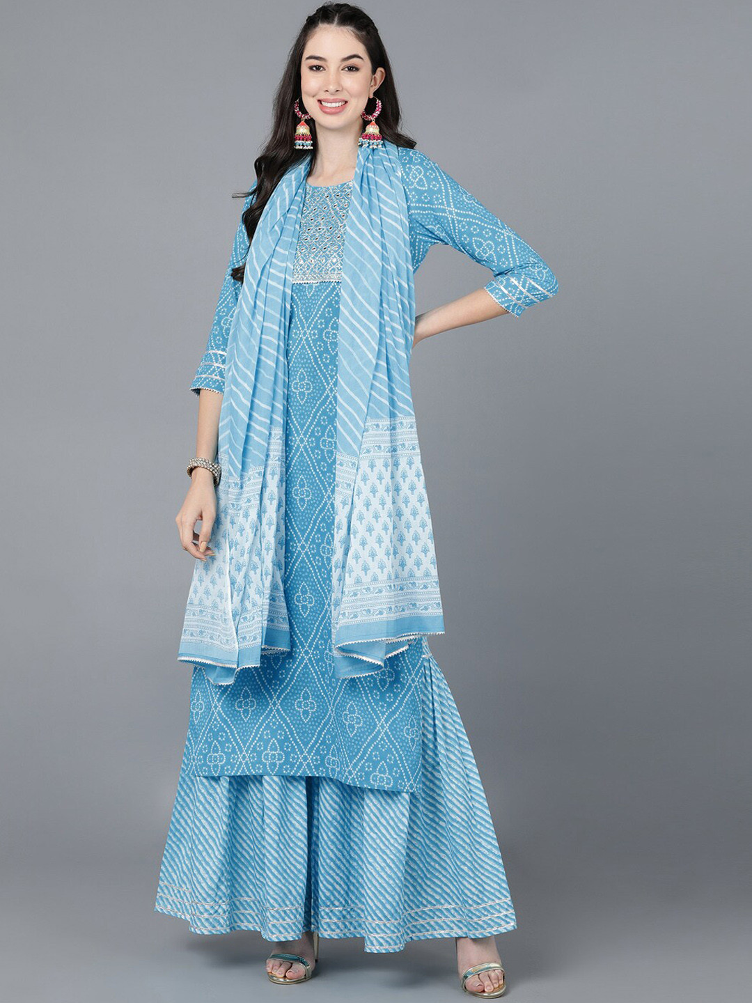 

kipek Women Blue Ethnic Motifs Printed Layered Pure Cotton Kurta with Sharara & Dupatta