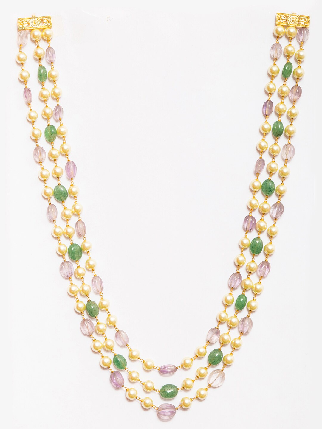 

Ishhaara Off White & Green Brass Brass-Plated Layered Necklace