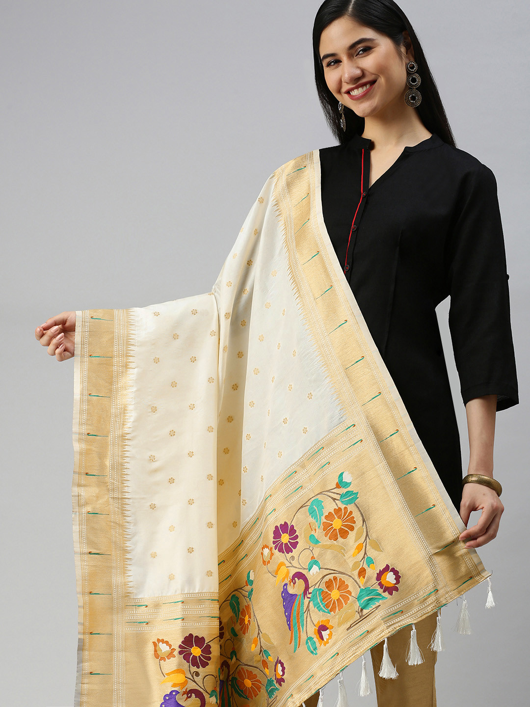 

KALINI White & Beige Woven Design Zari Dupatta
