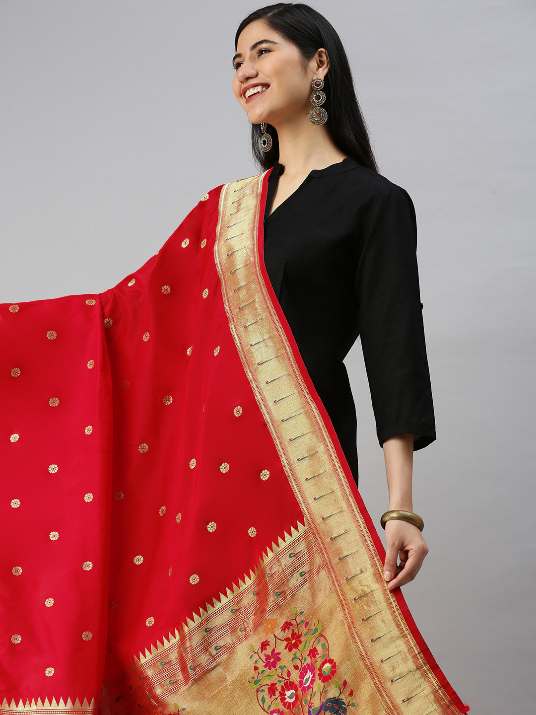 

KALINI Red & Golden Woven Design Zari Dupatta