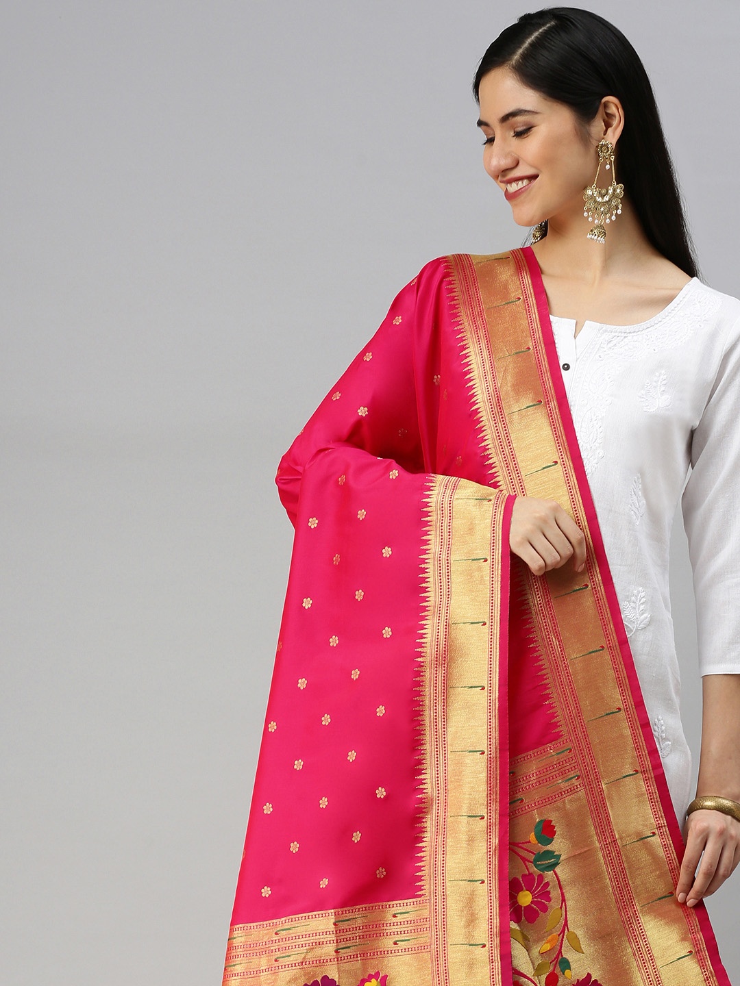 

KALINI Pink & Golden Woven Design Zari Dupatta