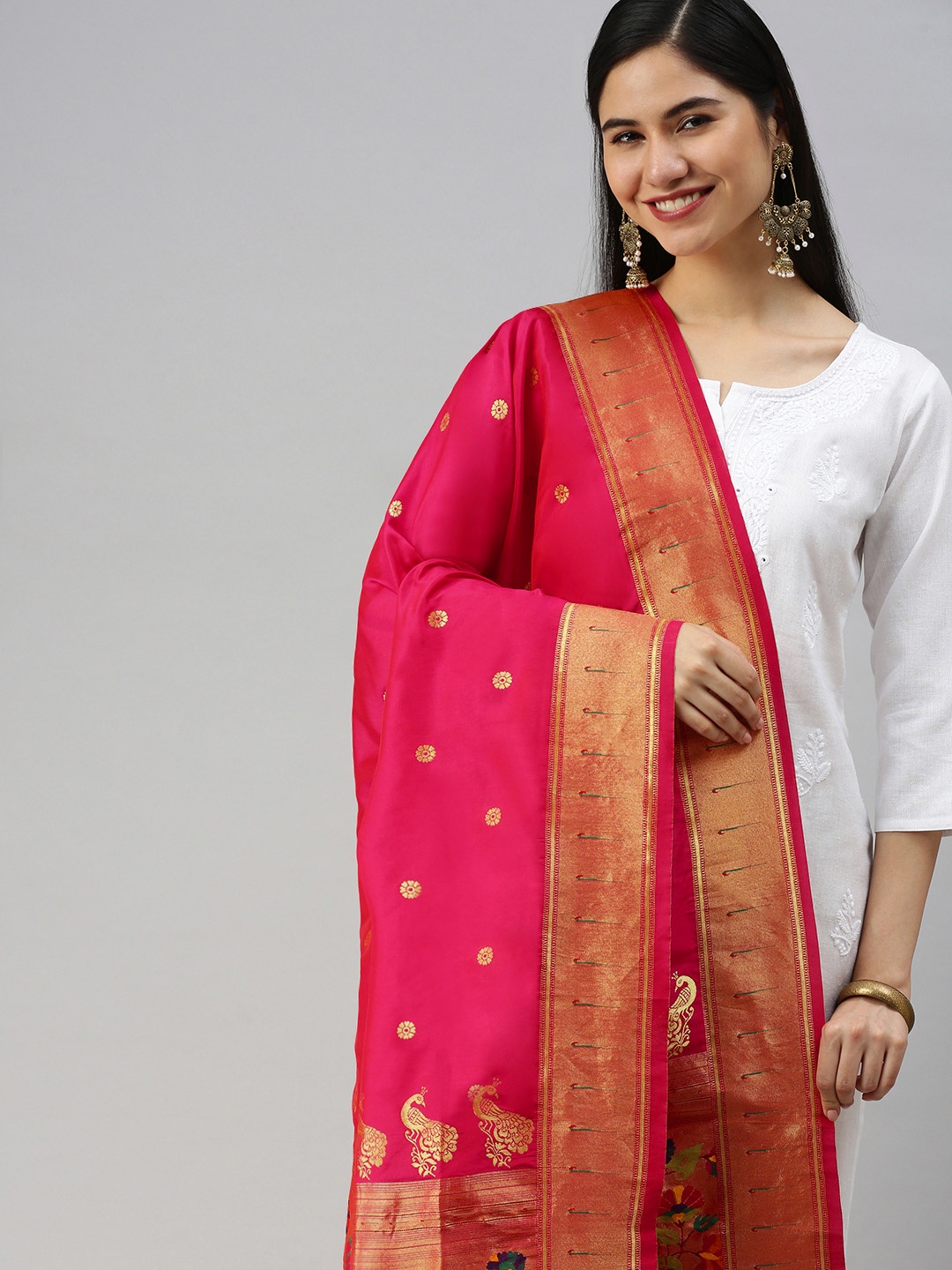 

KALINI Pink & Golden Woven Design Zari Dupatta