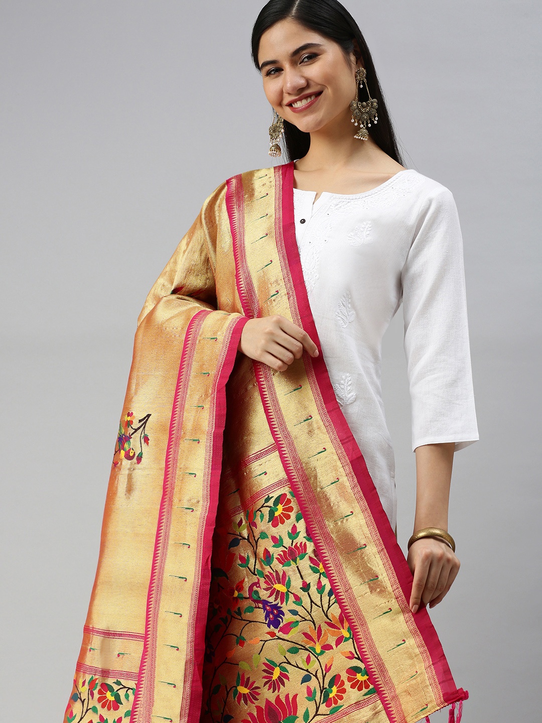 

KALINI Pink & Golden Woven Design Zari Dupatta