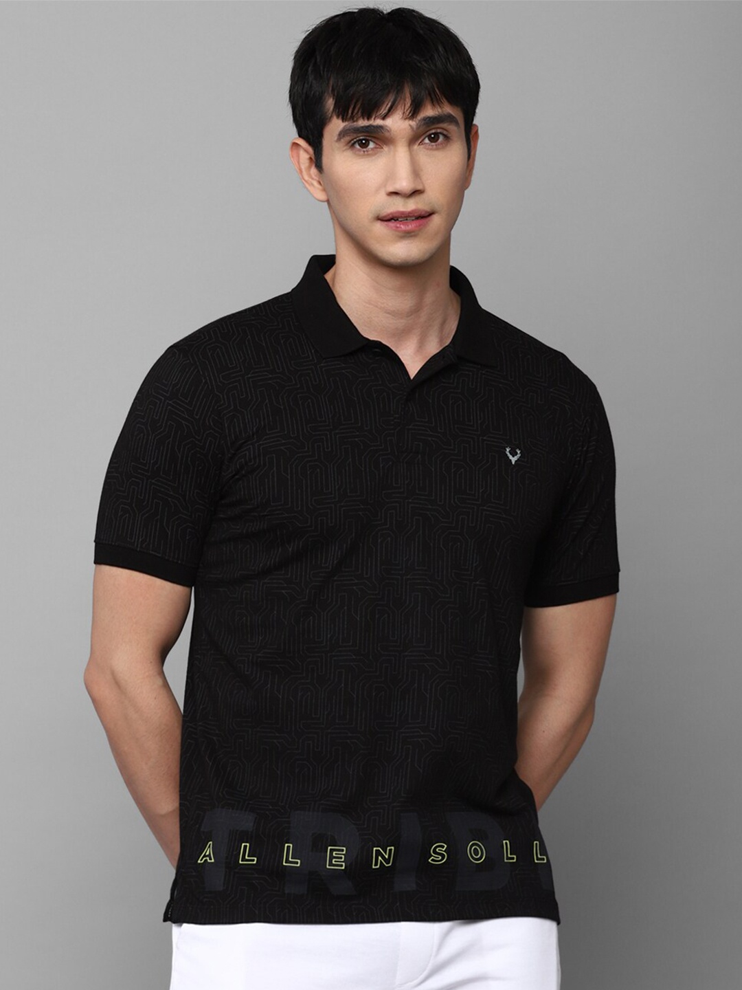 

Allen Solly Tribe Men Black Typography Pure Cotton Printed Polo Collar T-shirt