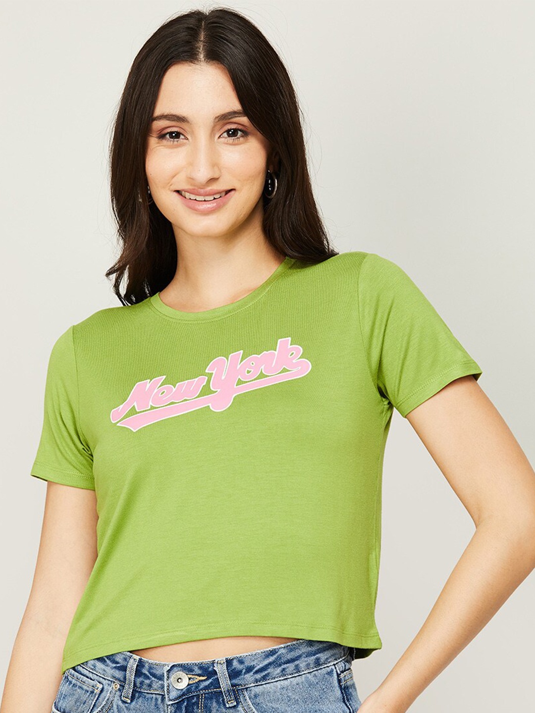 

Ginger by Lifestyle Women Green Typography Printed Crop T-shirt