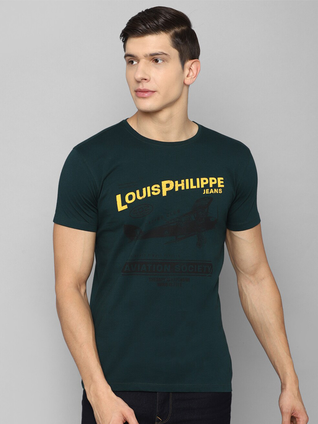 

Louis Philippe Jeans Men Green & Yellow Typography Printed Slim Fit Pure Cotton T-shirt