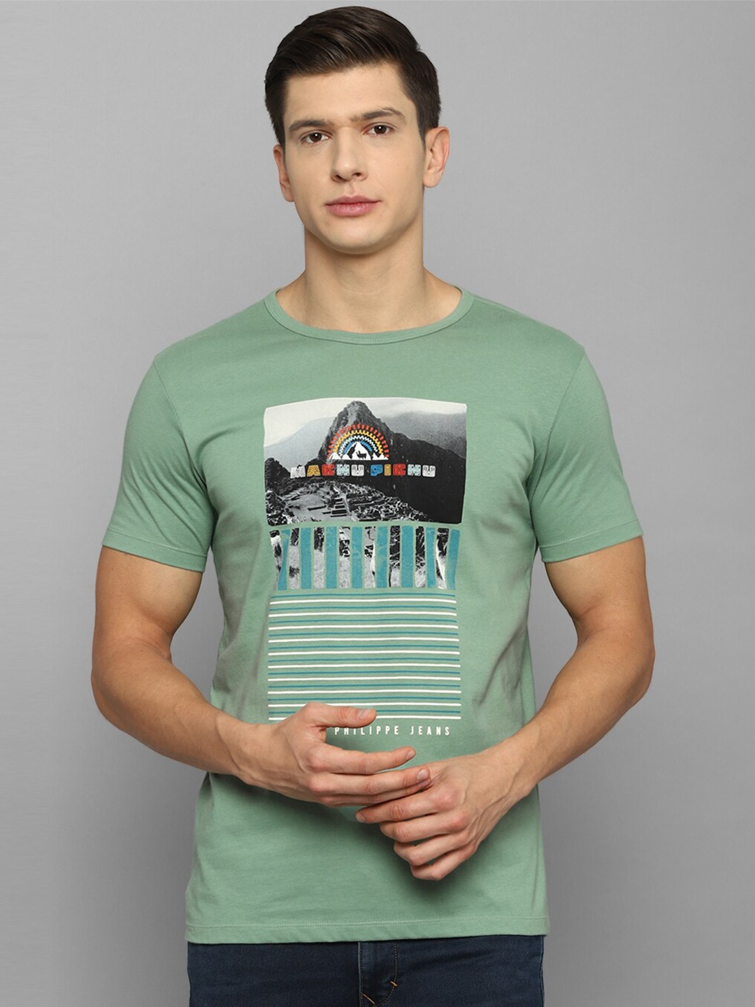 

Louis Philippe Jeans Men Green Printed Slim Fit Cotton T-shirt