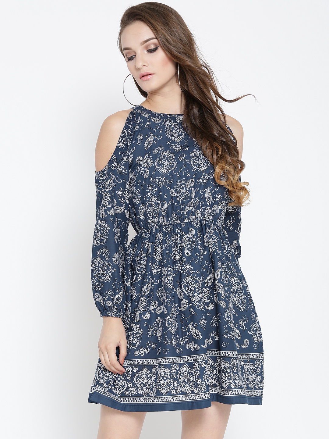 

Sera Navy Paisley Print Pure Cotton Fit and Flare Dress, Navy blue