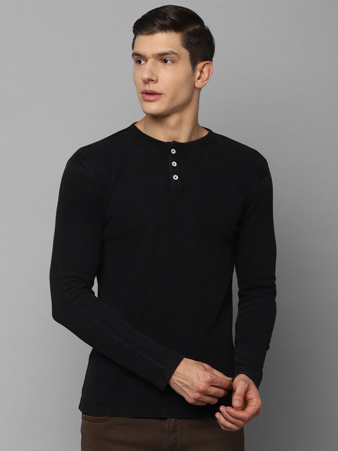 

Louis Philippe Jeans Men Black Cotton Henley Neck Slim Fit T-shirt