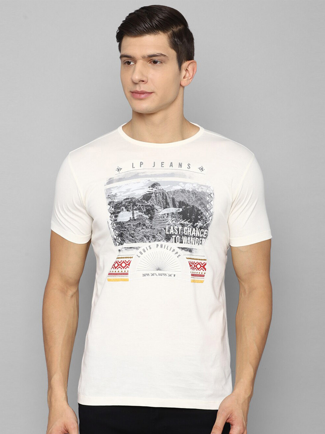 

Louis Philippe Jeans Men White Printed Pure Cotton Slim Fit T-shirt