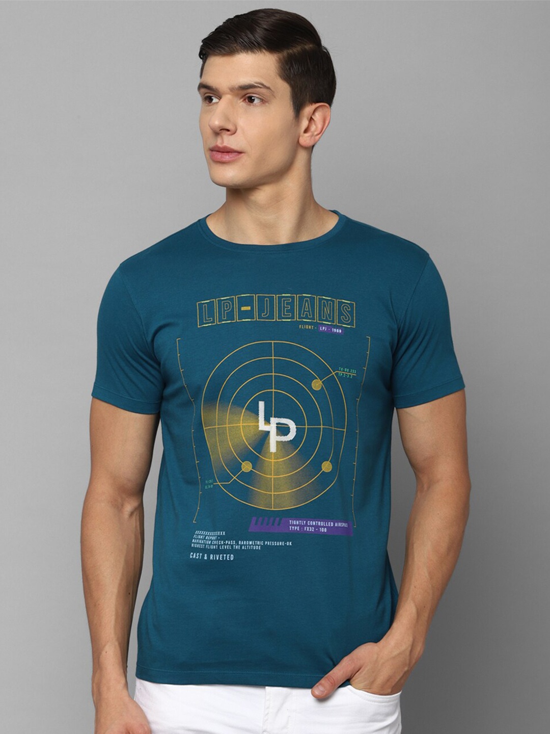 

Louis Philippe Jeans Men Blue Printed Slim Fit Pure Cotton T-shirt