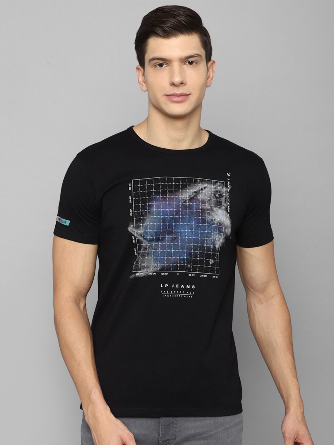 

Louis Philippe Jeans Men Black Printed Pure Cotton Slim Fit T-shirt