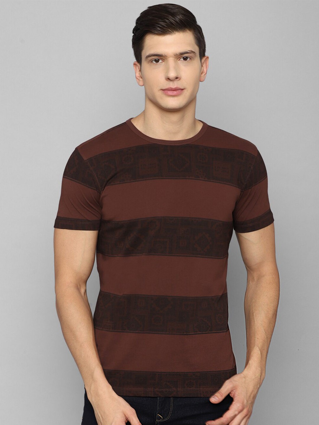 

Louis Philippe Jeans Men Brown Striped Pure Cotton Slim Fit T-shirt