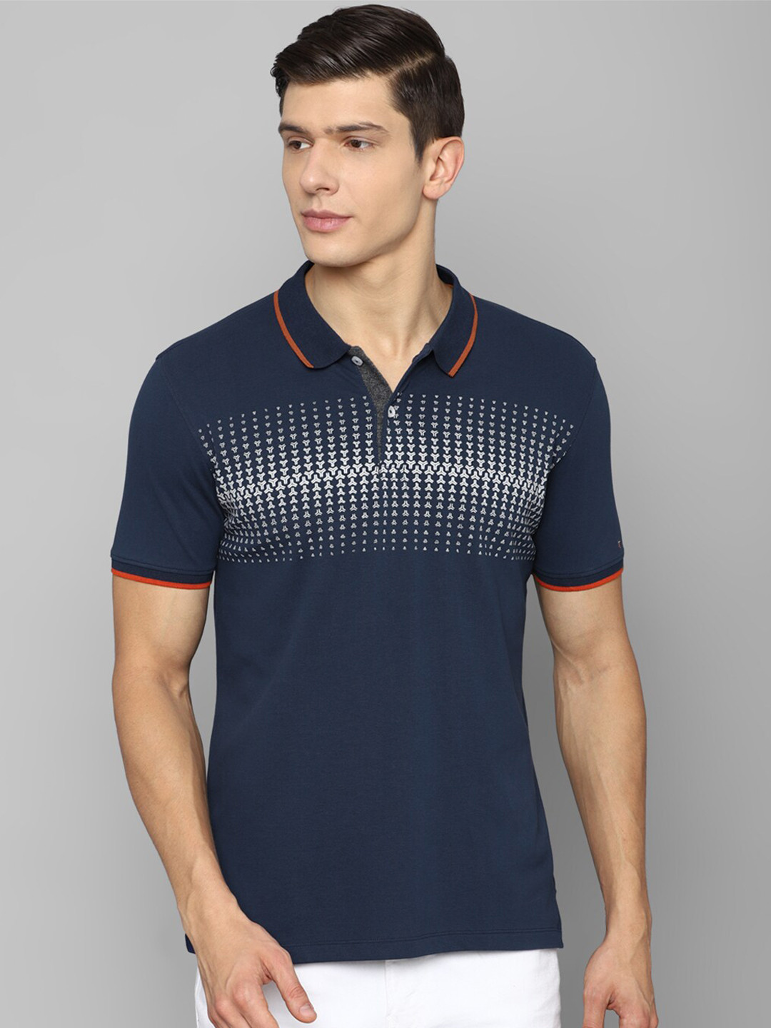 

Louis Philippe Jeans Men Navy Blue Printed Polo Collar Slim Fit Cotton T-shirt