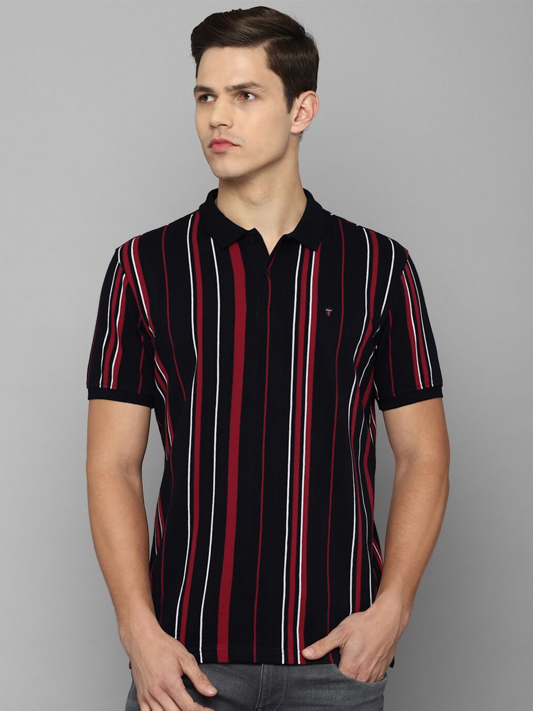 

Louis Philippe Sport Men Black & Red Striped Cotton Polo Collar T-shirt