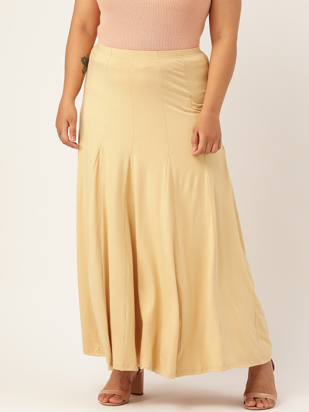 

theRebelinme Women Beige Solid Flared Panelled Maxi Skirt