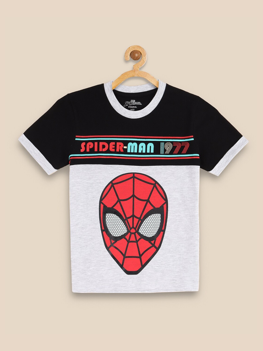 

Kids Ville Boys Grey & Black Pure Cotton Printed Spider-Man Colourblocked T-shirt
