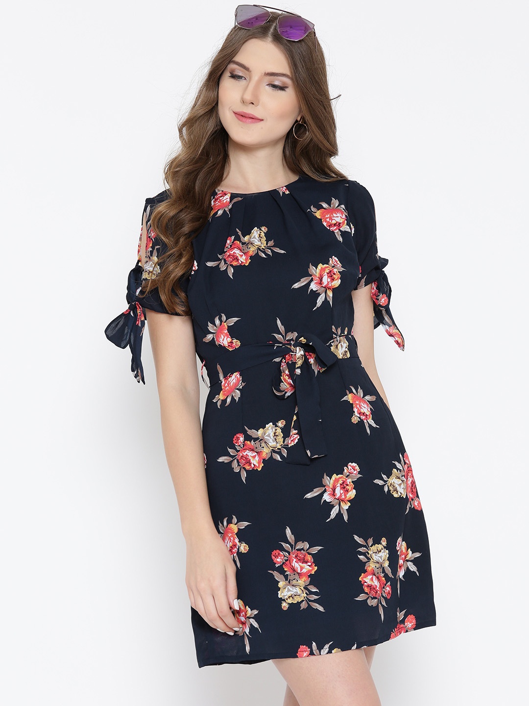 

Sera Women Navy Printed Belted A-Line Dress, Navy blue
