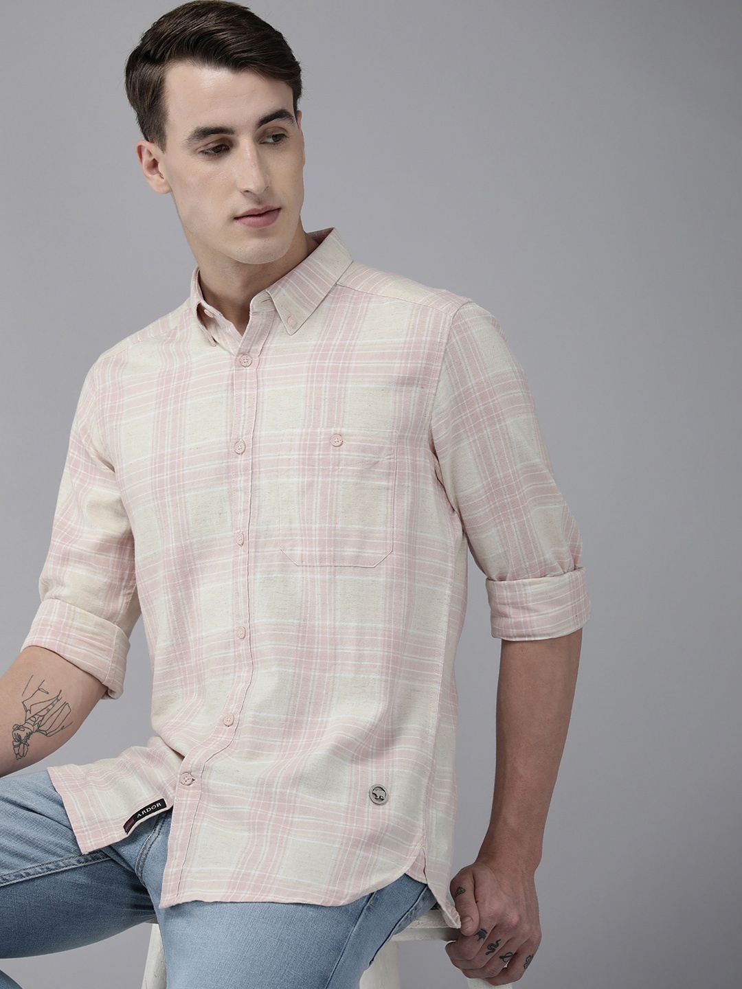 

THE BEAR HOUSE Ardor Edition Men Pink Pure Cotton Slim Fit Tartan Checked Casual Shirt