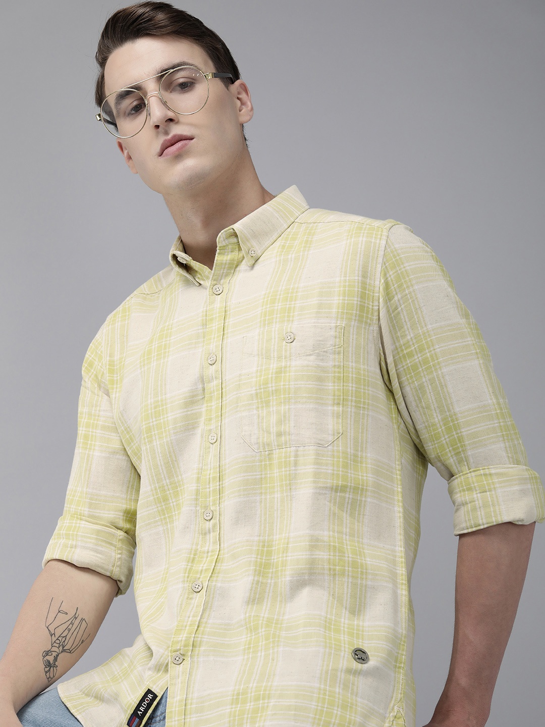 

THE BEAR HOUSE Ardor Edition Men Yellow Slim Fit Tartan Checks Casual Shirt
