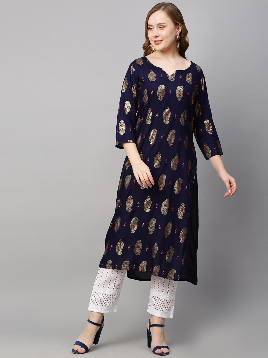 

POONAM DESIGNER Women Navy Blue & Gold-Toned Paisley Printed Kurta