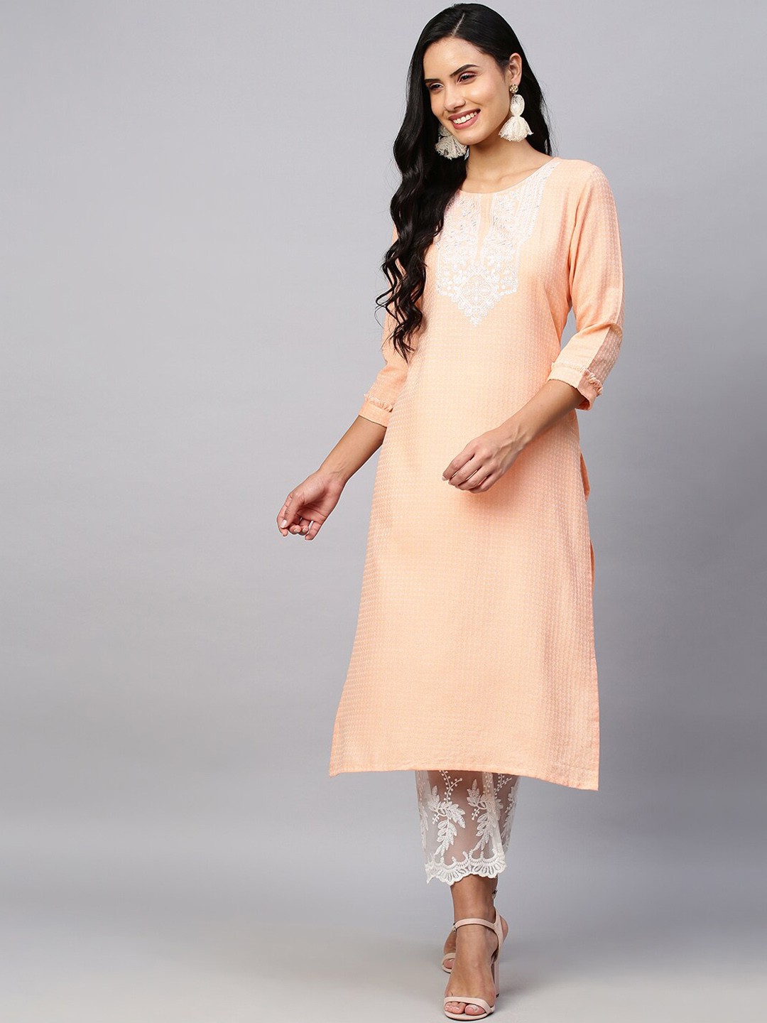 

POONAM DESIGNER Women Orange Yoke Design Thread Work Kurta