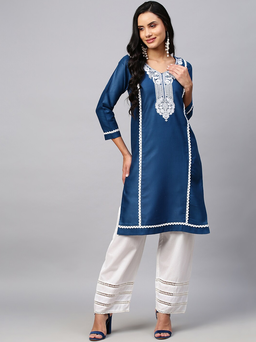 

POONAM DESIGNER Women Blue Ethnic Motifs Embroidered Chikankari Kurta