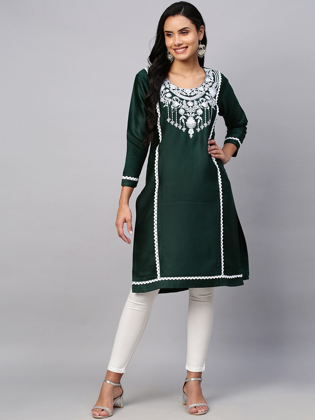 

POONAM DESIGNER Women Green & White Ethnic Motifs Embroidered Thread Work Kurta