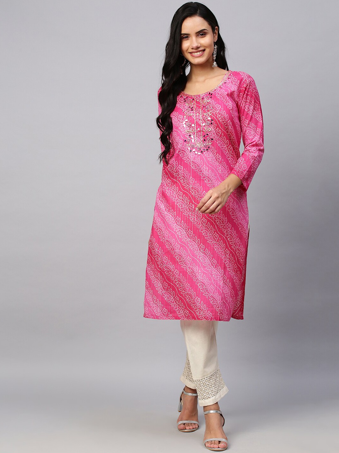 

POONAM DESIGNER Women Pink & White Bandhani Printed Mirror Work Kurta