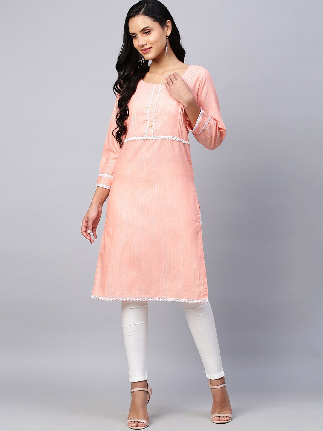 

POONAM DESIGNER Women Peach-Colored & White Cotton Straight Kurta