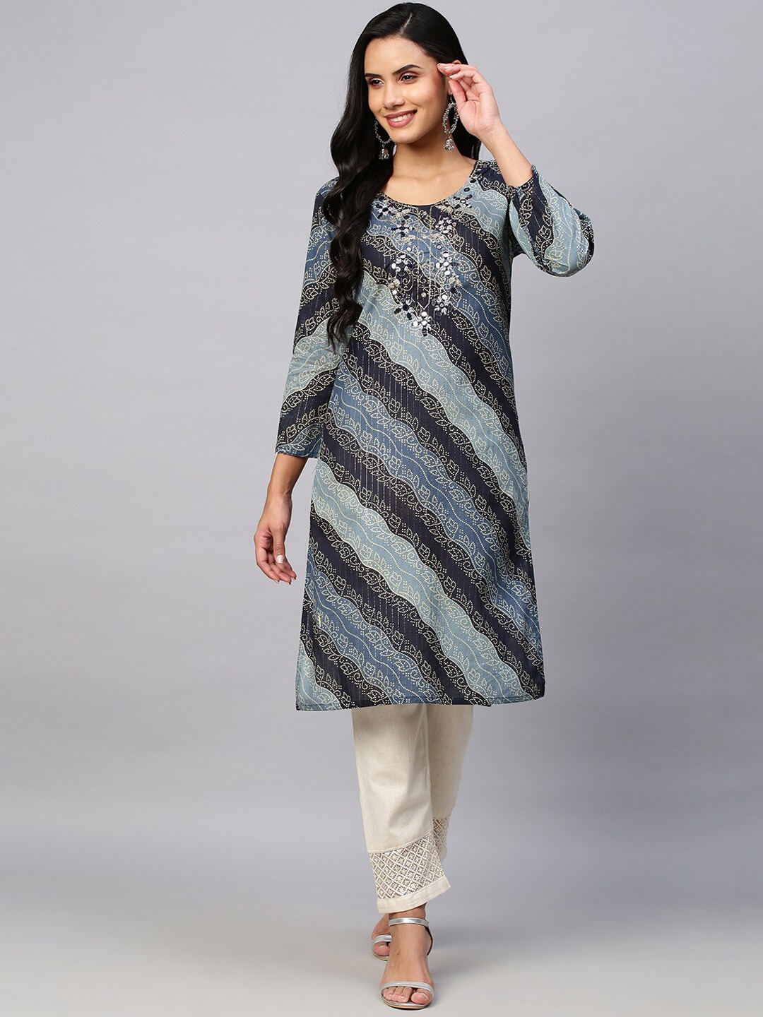 

POONAM DESIGNER Women Navy Blue & Grey Bandhani Printed Mirror Work Kurta