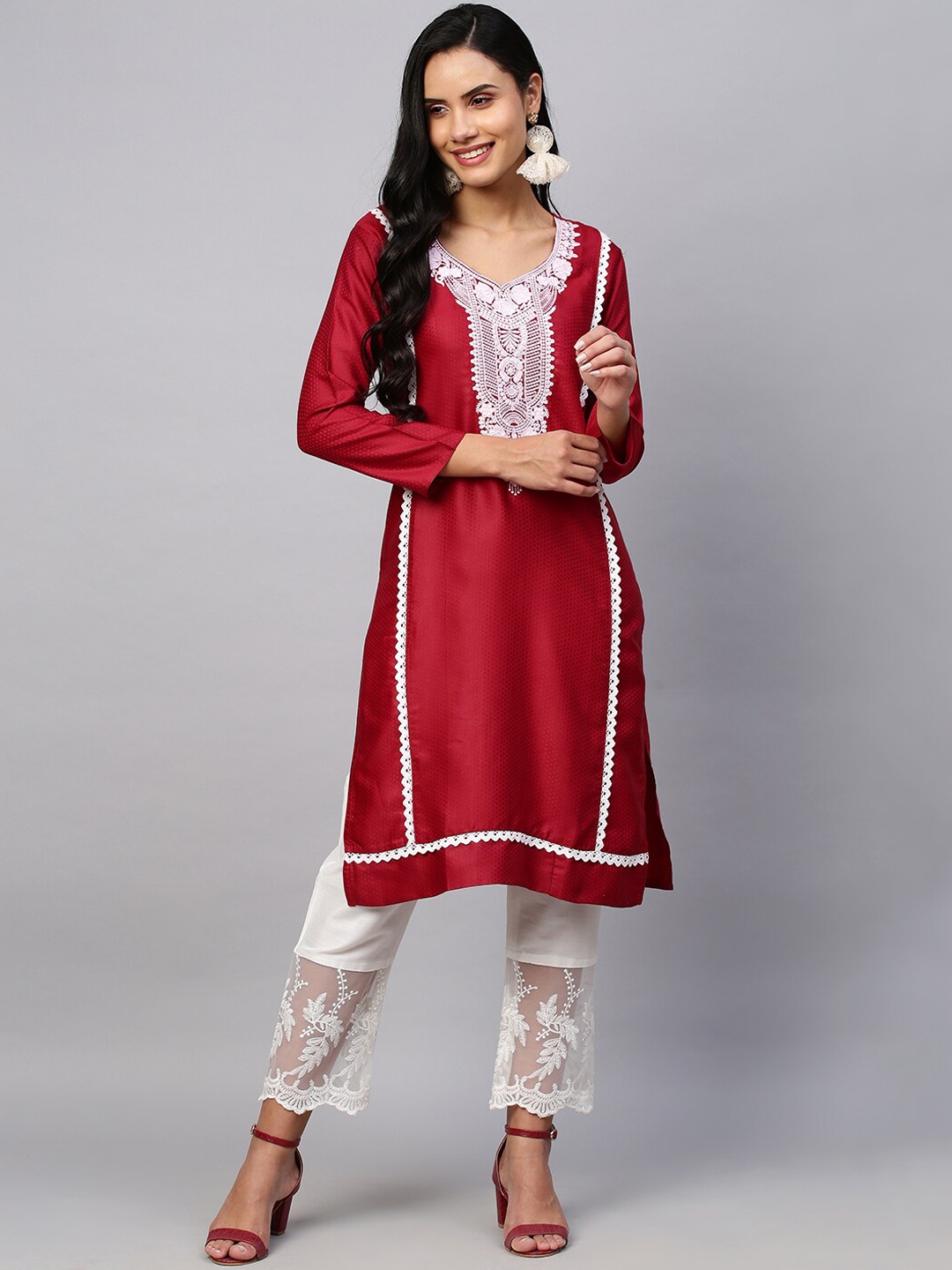 

POONAM DESIGNER Women Maroon & White Embroidered Straight Kurta