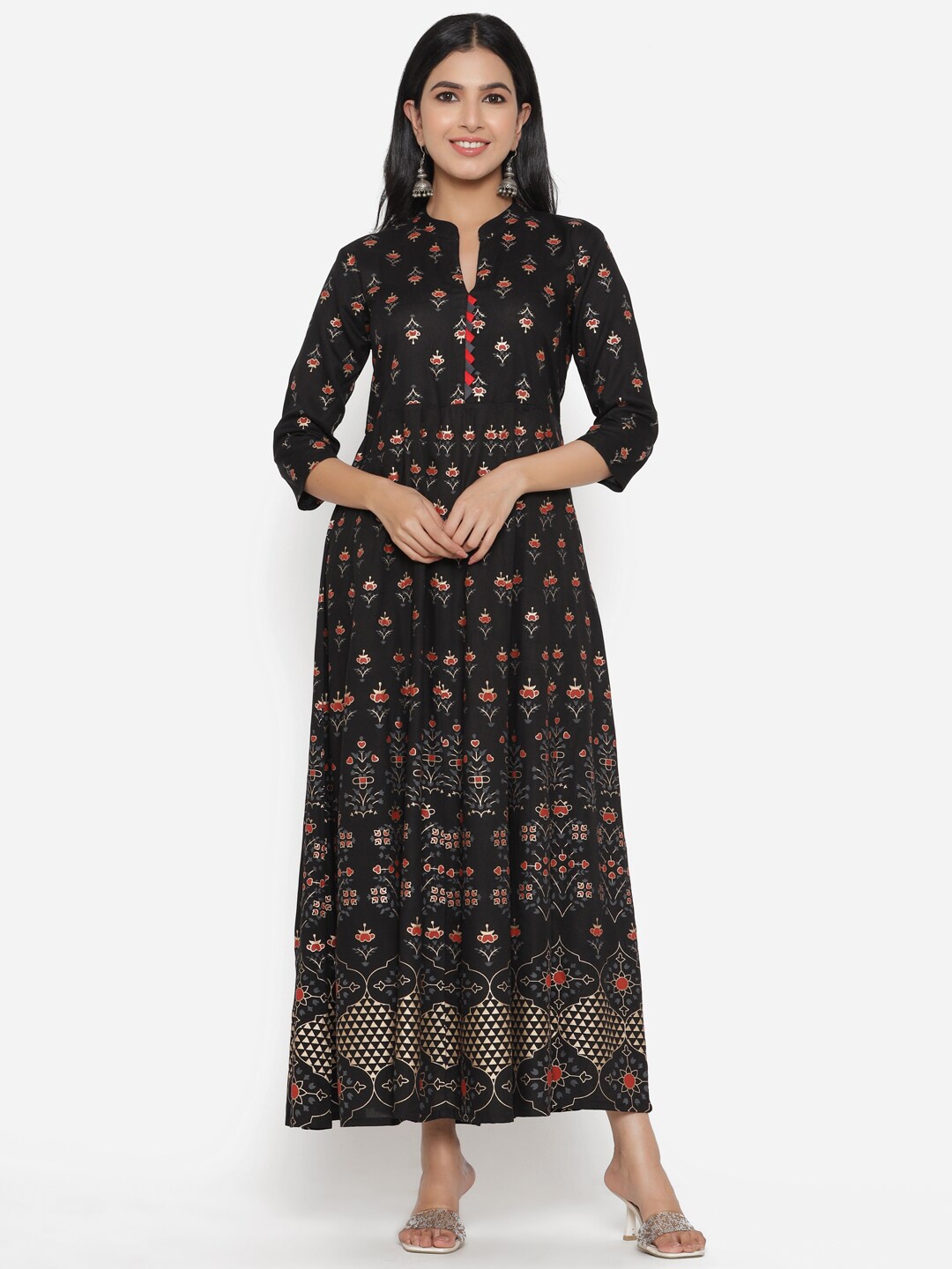 

DAEVISH Black & Orange Printed Ethnic Maxi Dress