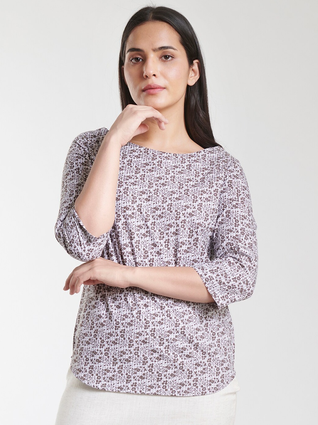 

PowerSutra Brown & White Floral Print Top