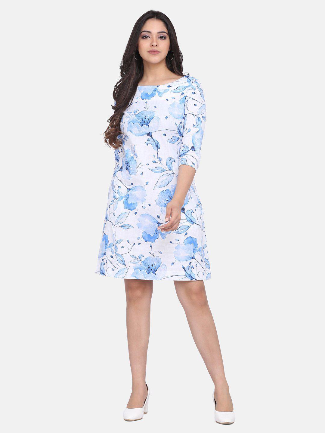 

PowerSutra White & Blue Floral Print Cotton Sheath Dress