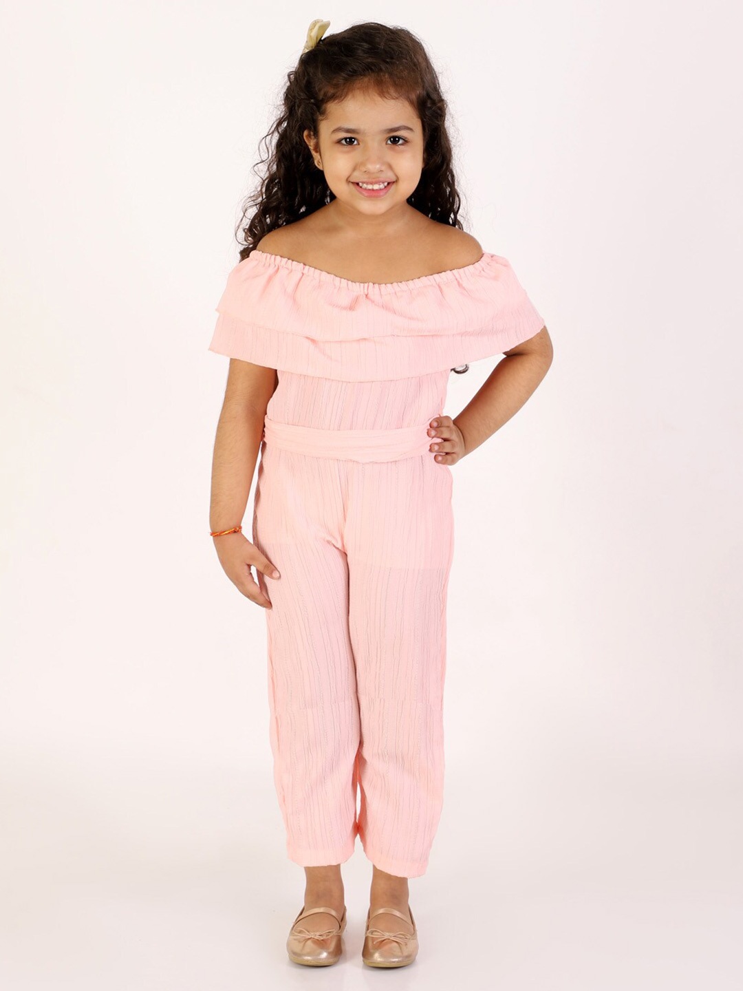 

JBN Creation Girls Peach-Coloured Off-Shoulder Basic Jumpsuit