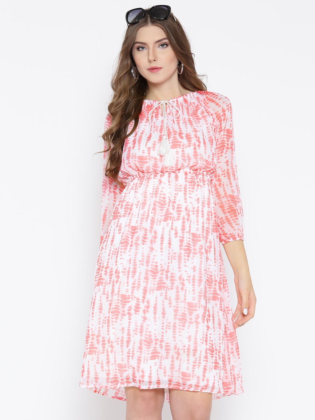 

Sera Women Pink & White Printed Off-Shoulder Fit & Flare Dress