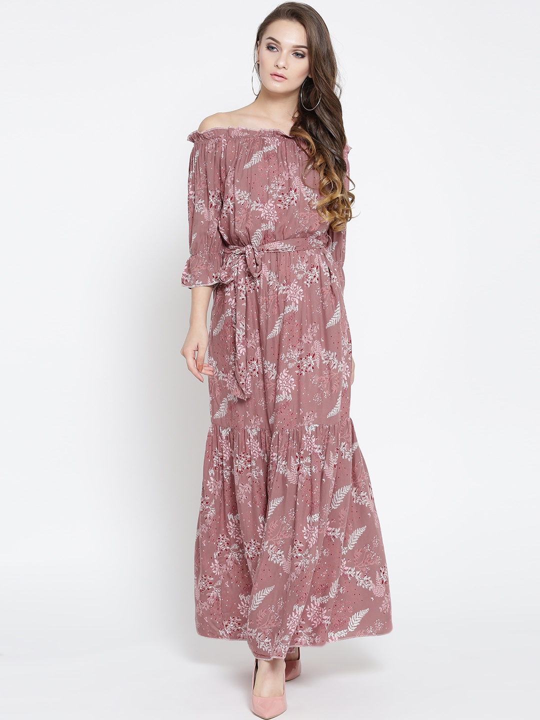 

Sera Women Pink Printed Off-Shoulder Maxi Dress