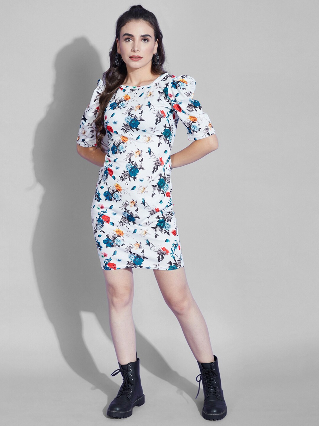 

Selvia White & Blue Floral Printed Scuba Sheath Dress